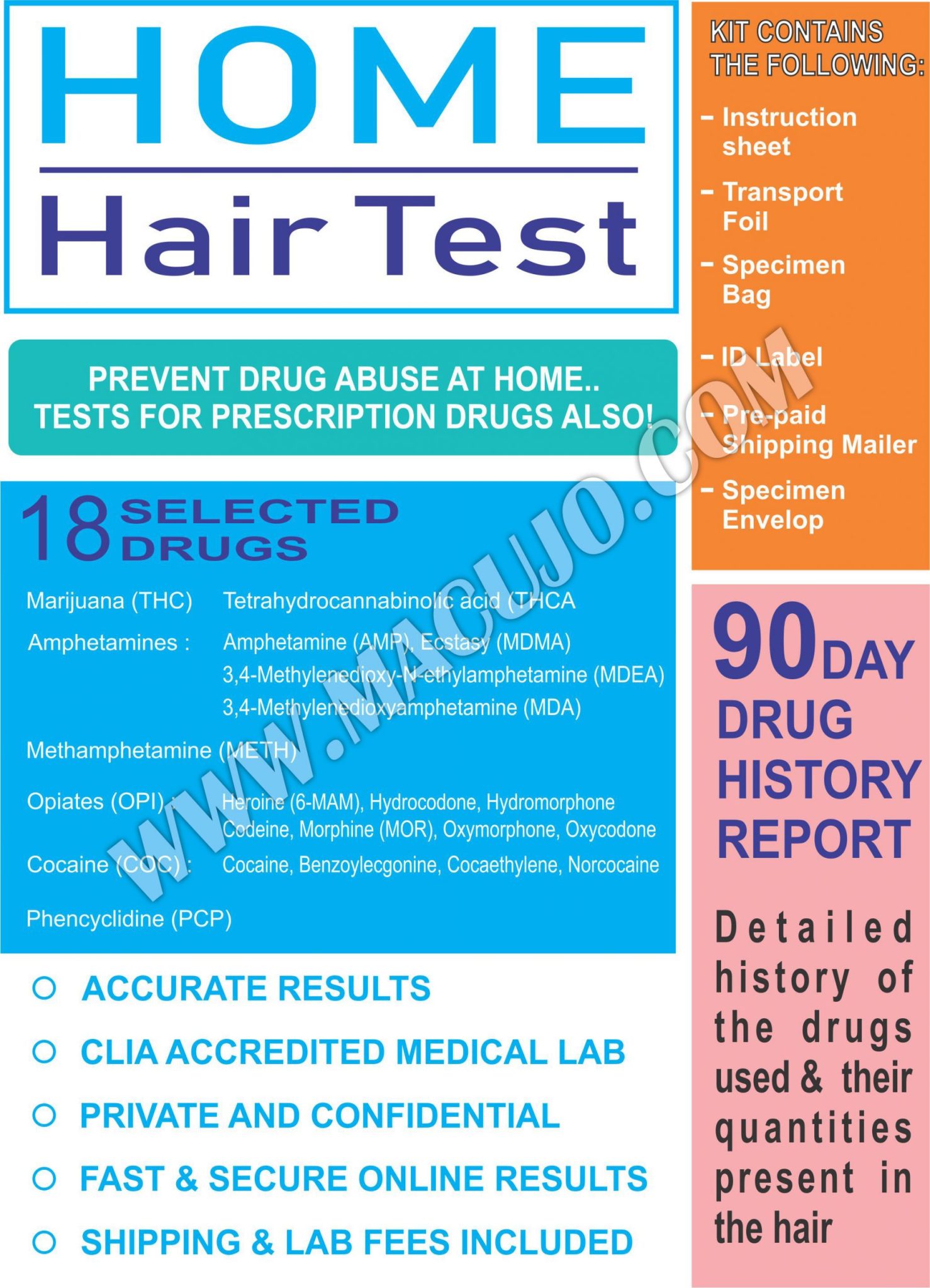 Macujo method home hair test kit for hair drug testing