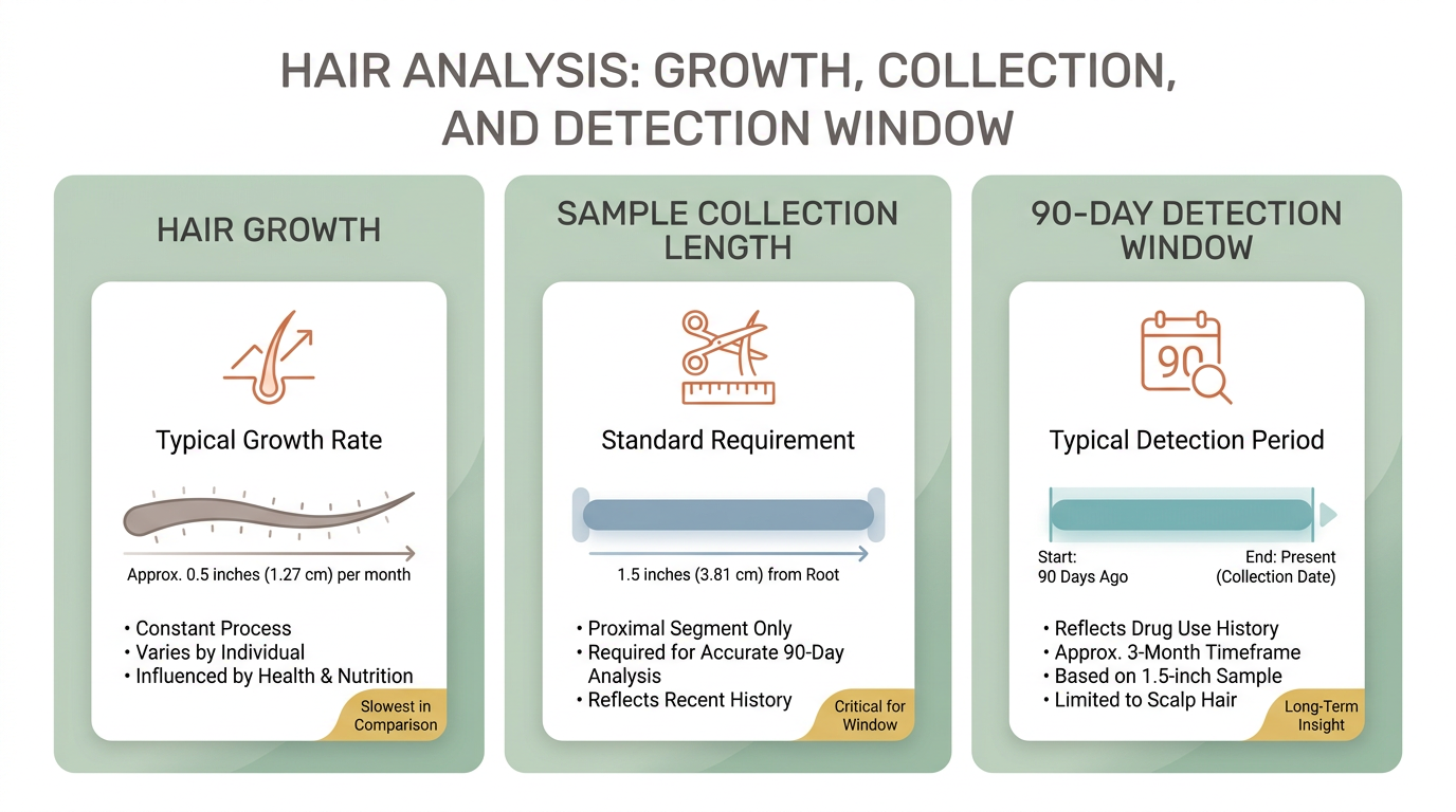 Infographic timeline showing hair growth stages, sample collection length, and a 90-day detection window with clear labeled bars and icons to explain timing before an employment test. The design uses a muted teal background with white content cards and green accent highlights for key data points.