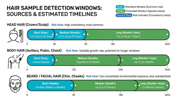 Infographic showing a horizontal timeline comparing hair sample types and estimated detection windows with colored bars, simple line icons, and short labels for quick comparison.