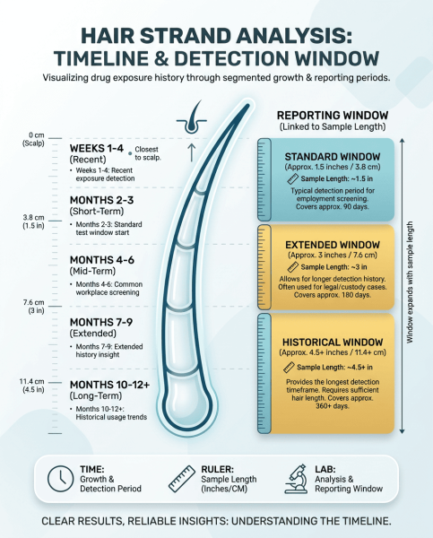 Infographic showing a vertical hair-strand timeline with labeled growth segments, a sample length marker, and an adjacent reporting-window visualization that explains how collection length maps to the lab’s detection period. Includes simple icons for time, ruler, and lab, and uses the brand's blue and green palette on a white background for clear contrast.