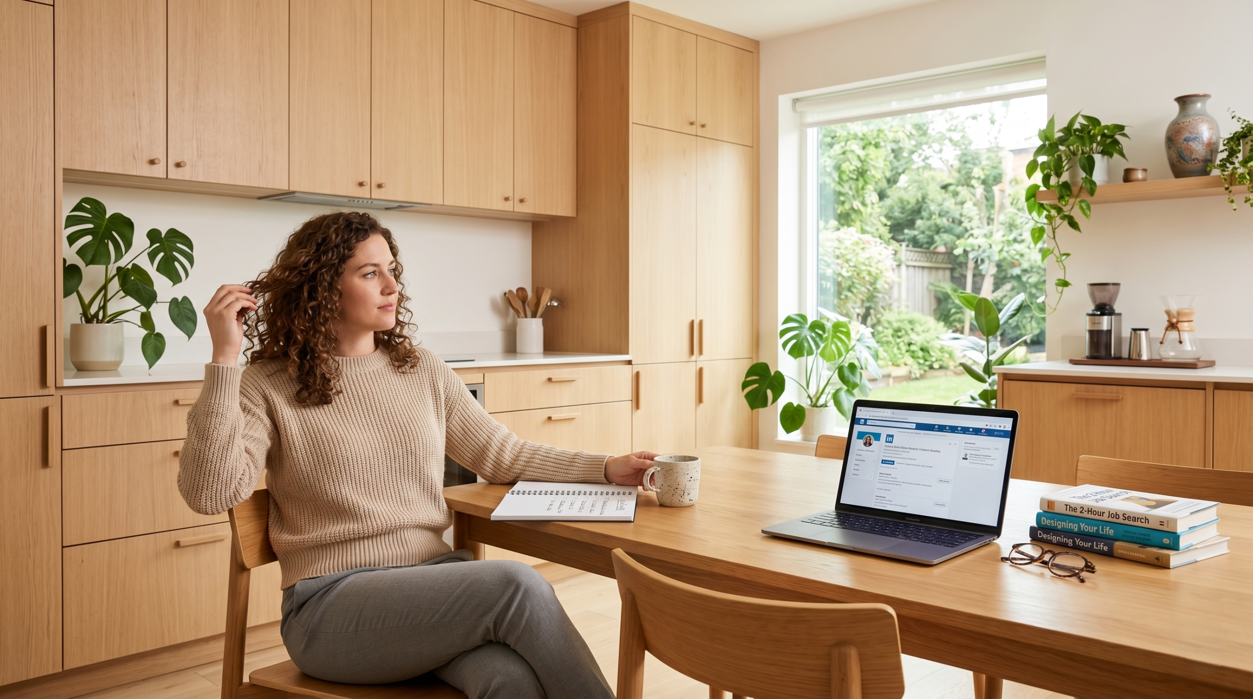 A mature woman leans over a tidy kitchen table reviewing a checklist with calm confidence, warm natural light and green accents around her. The scene emphasizes preparation and focus in a clean home setting.