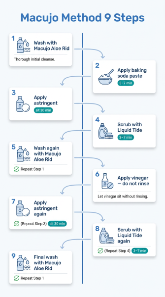 Vertical infographic depicting the 9 steps in the Macujo method.