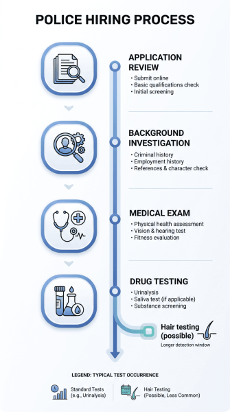 Vertical infographic timeline showing police hiring steps—application review, background investigation, medical exam, and drug testing—with a highlighted marker indicating where hair testing may occur. Clean layout with rounded icons and brand colors on a white background for clear readability.
