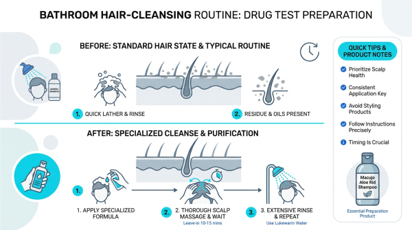 Instructional infographic showing a bathroom hair-cleansing routine for drug test preparation with labeled steps, product icons (including a Macujo Aloe Rid Shampoo bottle), test supplies, and concise tips in a clear before/after layout.