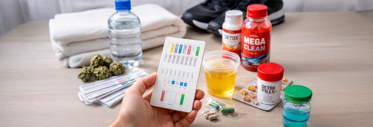 Hand-holding-a-13-panel-urine-drug-test-dip-card-on-a-table-with-water,-detox-supplements,-and-a-urine-sample-used-for-THC-self-testing-before-a-drug-screening
